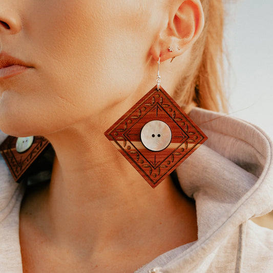 A closeup of a model wearing the "Ancestral Framing" earrings in cedar wood from Copper Canoe Woman.