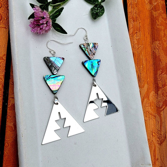 sterling silver triangle with southwest geometric shapes topped with two abalone triangle beads from copper canoe woman