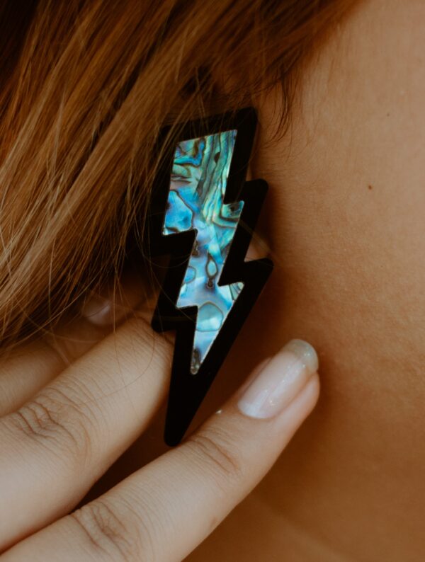 Black acrylic lightning bolt earring with abalone inlay.
